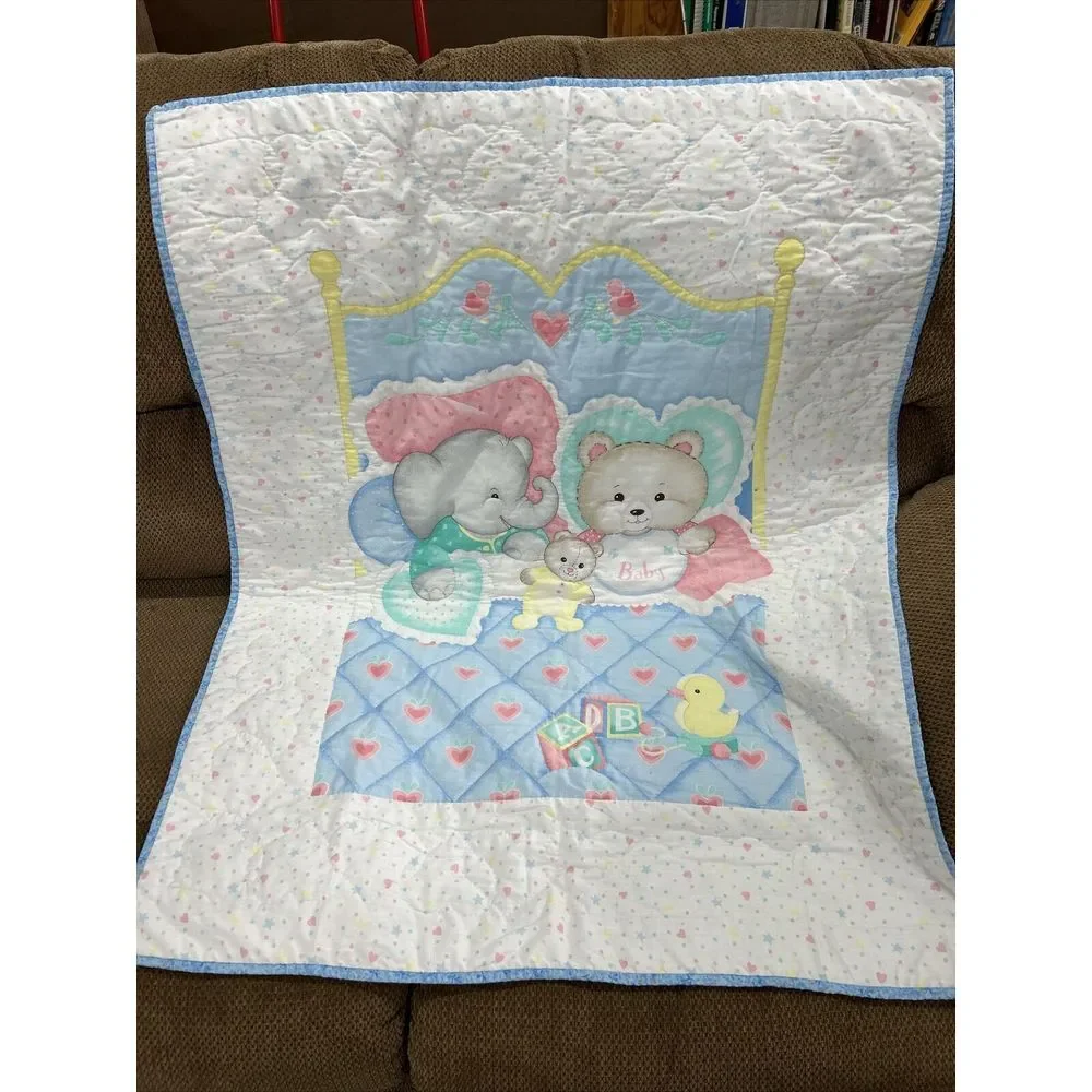 Grandma Handmade‎ Baby Quilt Bears Duck Blocks Elephant Blanket 33X42 Vintage